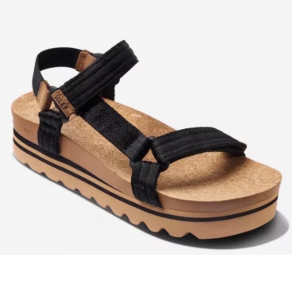 Reef Cushion Rem Hi Black Platform Strappy Cork Sandals Womens 9